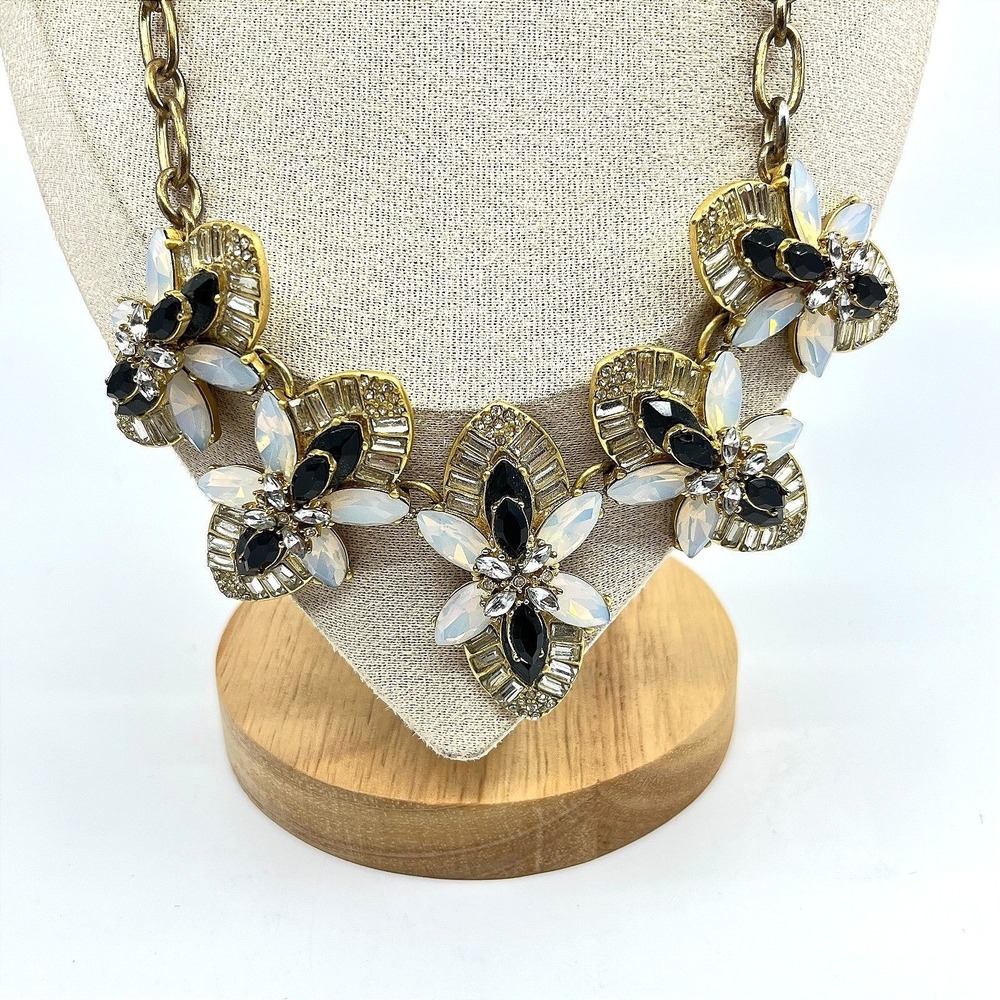 J. Crew Statement Necklace Gold Tone Black White & Opaline Rhinestone Floral Bib